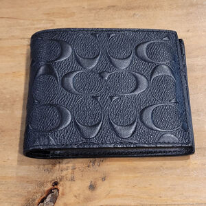 Coach F75371 Men's 3-in-1 Compact ID Wallet Black Embossed Signature Leather EUC